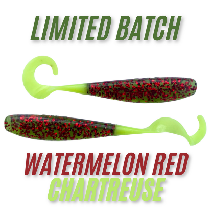 Watermelon Red Chartreuse Picture of A.M. Fishing - 4" Curly Tail Jerkshads | 8-Per Pack (More Colors)
